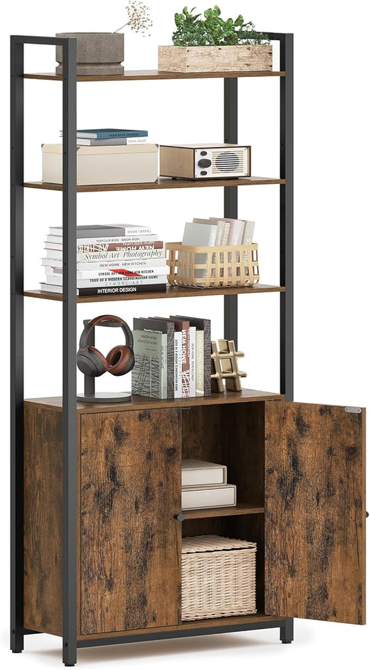 VASAGLE 6-Tier Bookshelf, Tall Bookcase with Cabinet, Steel Frame, Adjustable Shelves, 9.4 x 23.6 x 62.8 Inches, Living Room Bedroom, Rustic Brown and Ink Black ULLS133K01