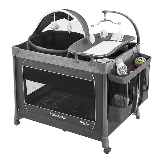 Pamo Babe 1-Second Setup 5-in-1 Playard for Babies - Heavy-Duty Steel Frame for Safe Sleep Space, Portable Crib with Zip Door & Changing Table, Locking Wheels, Breathable Mesh
