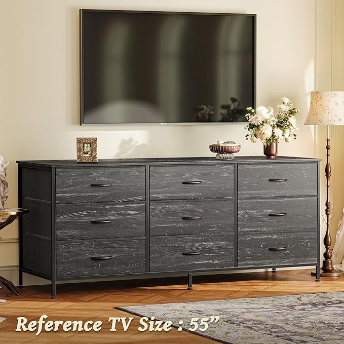 Huuger Long Dresser for Bedroom, 55 Inch TV Stand for 55, 60 Inch TV, Entertainment Center with Drawers, Large Storage, 9 Fabric Drawers Dresser for Closet, Charcoal Black Wood Grain Print