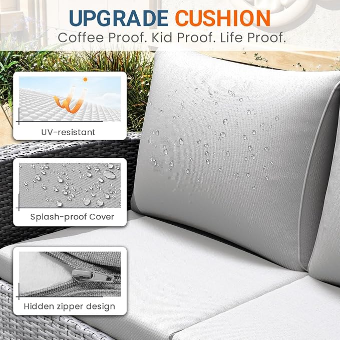 Wisteria Lane 4 Piece Patio Furniture Set, Wicker Outdoor Patio Conversation Furniture Set, All Weather Outdoor Patio Sofa with Cushion and Glass Table, Grey