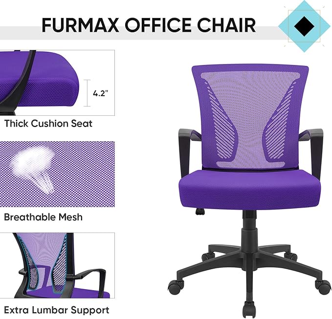 Furmax Office Chair Ergonomic Computer Desk Mesh Chair Mid Back Swivel Lumbar Support with Armrest (1, Violet)