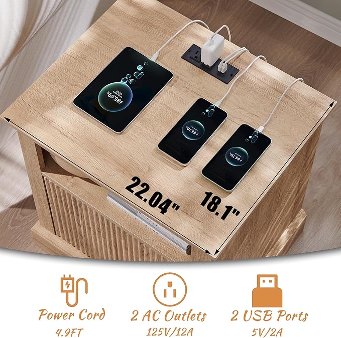 Fluted Nightstand with Charging Station, 22" Large Modern Side Table, Wood End Table w/Open Shelf & Spacious Tabletop, Bedside Table with Storage Space for Bedroom, Living Room (Natural)