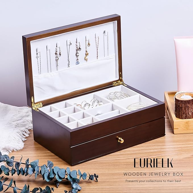 Wooden Jewelry Box with Drawer, Medium Size Real Natural Solid Wood, 2-Layer Vintage Organizer with Earring Storage, Ring Compartments, Necklace Hooks, ek15-m-dark
