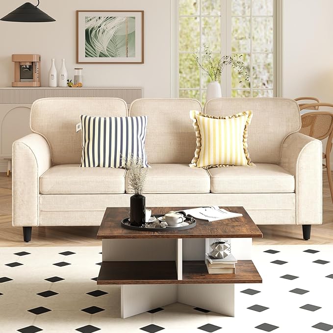 GOFLAME Farmhouse Coffee Table with Storage, 2-Tier Square Center Table with 4 Storage Compartments & X-Shape Base, Modern, Wood Tea Tables for Living Room, Lounge, Rustic Brown + White