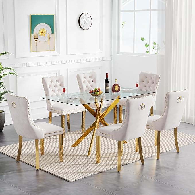 Goujxcy Glass Dining Table Set for 6, Modern Kitchen Table and Chairs Set of 6, 7-Piece Kitchen Dining Room Table Set w/61 Glass Gold Dining Table and 6 Beige Velvet Upholstered Chairs