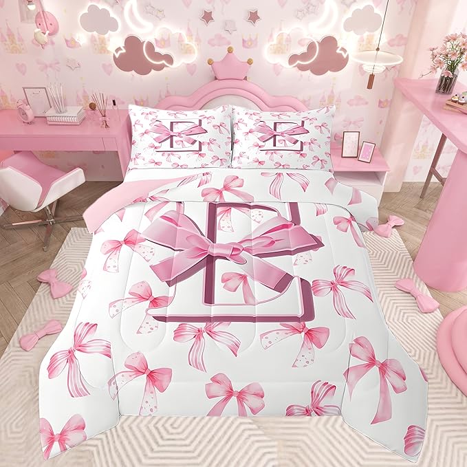jejeloiu Kids Girls Cute Pink Bow Comforter Set Full Size Monogrammed Bedding Set Ultra Soft Personalized Initial E Duvet Quilt Coquette Bow Knot Quilt Set Room Decor Modern Fashion Comforter