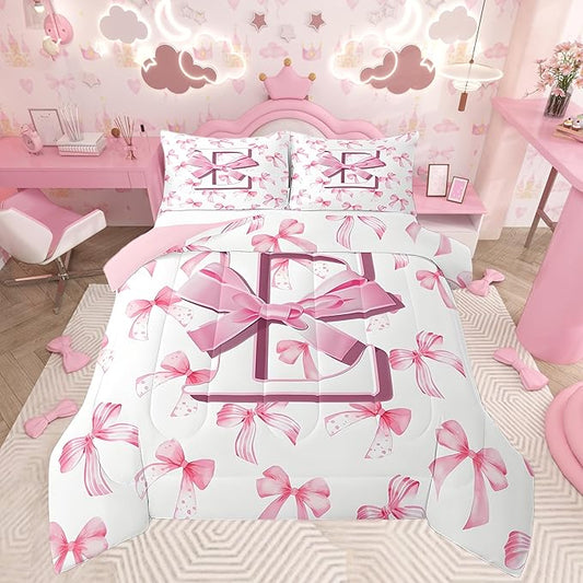 jejeloiu Kids Girls Cute Pink Bow Comforter Set Twin Size Monogrammed Bedding Set Ultra Soft Personalized Initial E Duvet Quilt Coquette Bow Knot Quilt Set Room Decor Modern Fashion Comforter