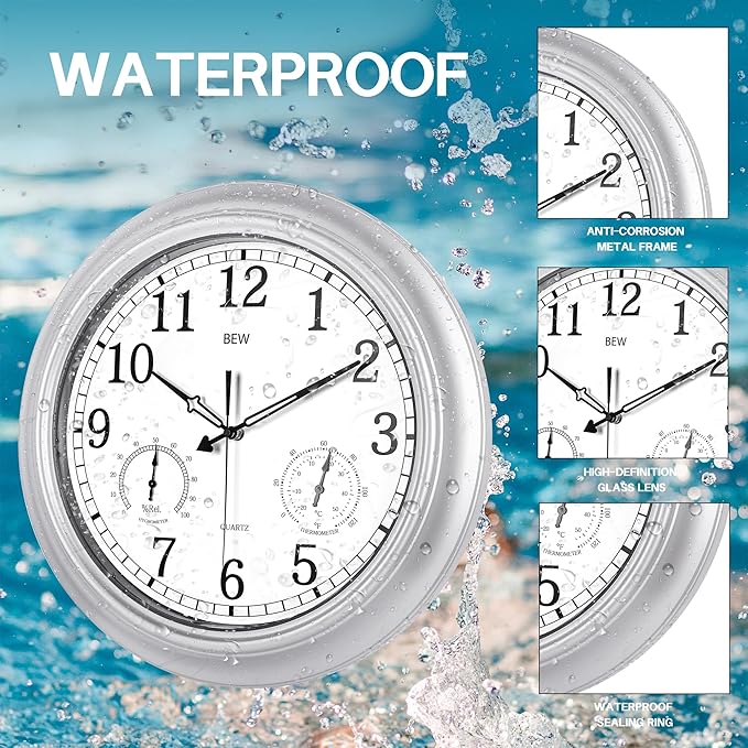 BEW Outdoor Clock for Patio, 18 Inch Large Outdoor Clocks Waterproof Weatherproof with Thermometer & Hygrometer Combo, Easy-to-Read Outside Wall Clock for Fence, Garden, Poolside, Backyard-Silver