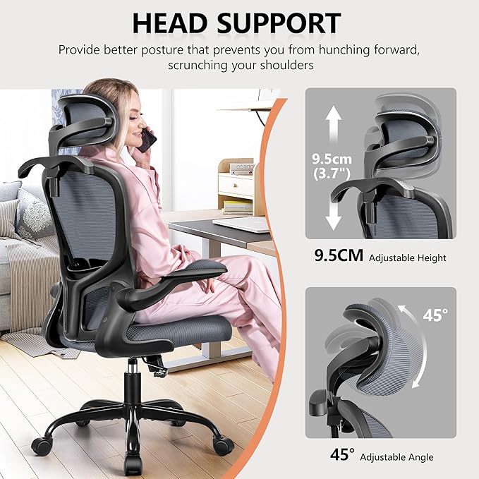 FelixKing Ergonomic Office Desk Chair with Headrest, Adjustable Lumbar Support, Height and Swivel, Comfy Task Chair with Flip-up Armrests, Ergo Mesh Backrest for Working Dark Gray