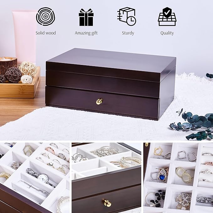 Wooden Jewelry Box with Drawer, Medium Size Real Natural Solid Wood, 2-Layer Vintage Organizer with Earring Storage, Ring Compartments, Necklace Hooks, ek15-m-dark
