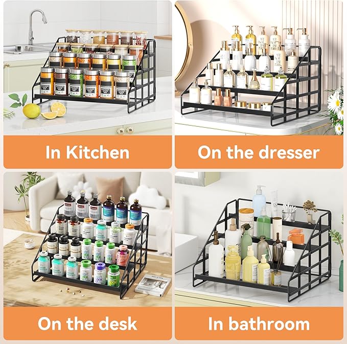 Spice Rack Kitchen Cabinet Organizer,4 Tier Countertop Spice Rack,Tier Depth Adjustable Cabinet Shelf,Step Spice Organization Easy Visibility,Holds Seasoning and Condiments