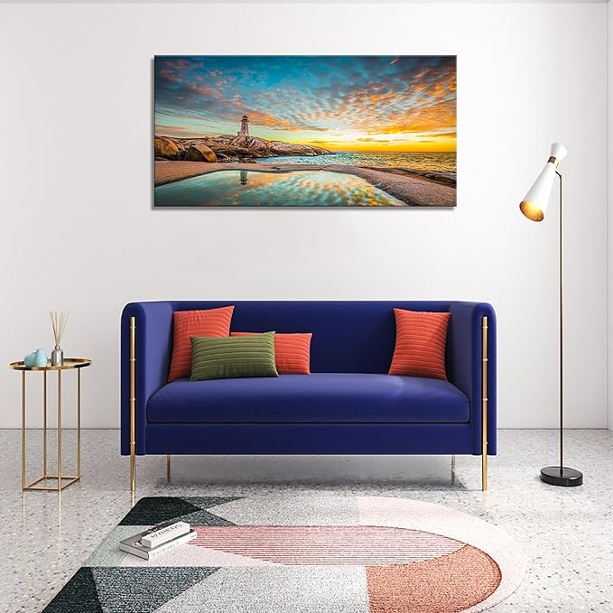 YYYYHPP YP1850 Canvas Prints Wall Art Peggy's Cove Lighthouse Sunset Ocean View Landscape Nature Pictures Stretched Canvas Wooden Framed for Living Room Bedroom and Office Wall Decor