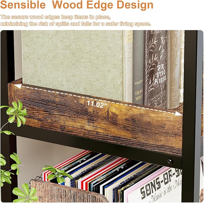 KOUSEI 5-Tier L-Shaped Reversible Corner Bookshelf, 65" Rustic Brown Industrial Wood & Metal Bookcase, Wide Open Shelves + 4 Hooks for Living Room/Bedroom/Home Office