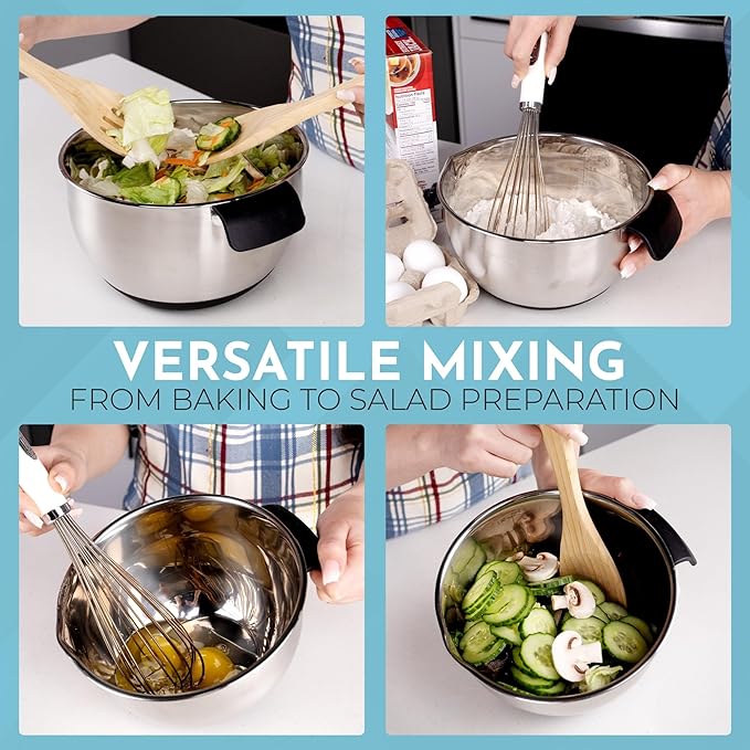 Stainless Mixing Bowl & Lids Holiday BBQ Picnic: Lids Pour Spout Ergonomic Handles For Kitchen With Non Slip Silicone Base Strainer Graters For Kitchen Gift Set