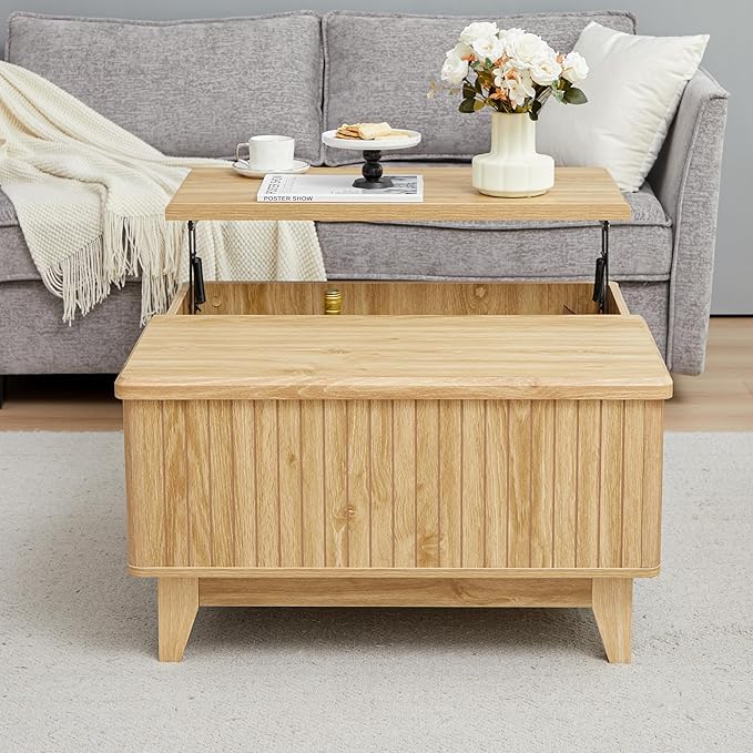 Lift Top Coffee Table, Square Coffee Table with Hidden Storage Compartment, Farmhouse Wood Center Table Dining Table for Living Room, Bedroom, Home Office (Natural)