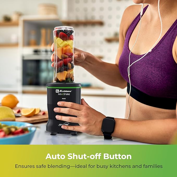 Koblenz Mix&Shake Blender, 20 oz Portable Blender, 600W Motor, Pulse, ON/OFF Functions, Stainless Steel Blades, Shakes, Sauces, Smoothie Maker, (1) 20 oz To-Go Bottle, Black, MSKM-600 N