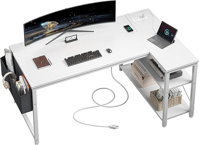 EnHomee 48 Inch L Shaped Gaming Desk, Computer Desk with Storage Shelves & Side Bag, Office Desk with Power Outlets, Small Corner Desk for Small Space Home Office Bedroom, Study Writing Table, White