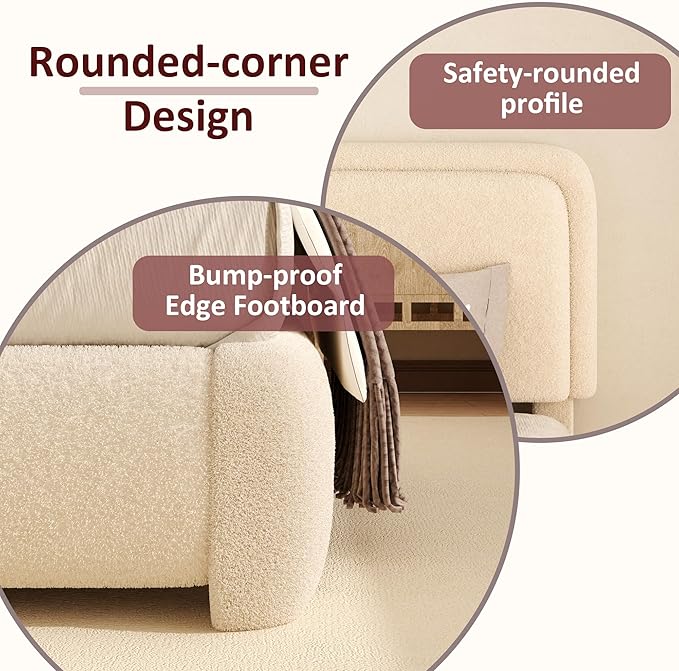 Full Boucle Platform Bed Frame with Height Adjustable Headboard, Modern Upholstered Cloud Bed, Sleek Curved Design, No Box Spring Needed, Easy Assembly, Noise Free, Beige