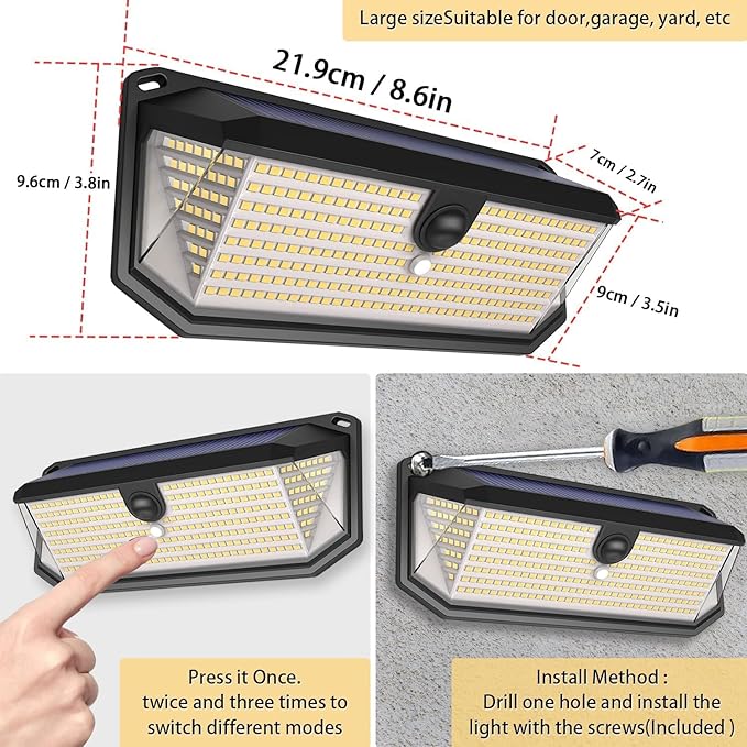 Solar Lights Outdoor, 4000LM 380 LEDs Solar Motion Lights Outdoor Waterproof, 3 Modes 270° Wide Angle Security Light for Stairways/Front Door/Garage/Deck（4 Pack）