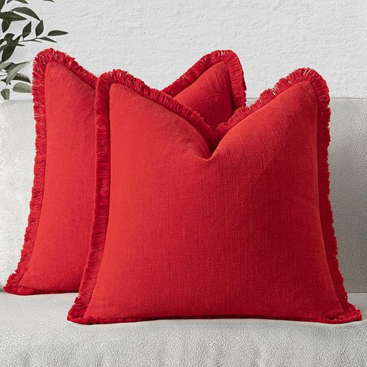 MIULEE Decorative Throw Pillow Covers Neutral Linen Fringe Throw Pillows Set of 2 Red Boho Farmhouse Cushion Covers with Tassels for Couch Sofa Bed Living Room Spring Home Decor 20x20 Inch