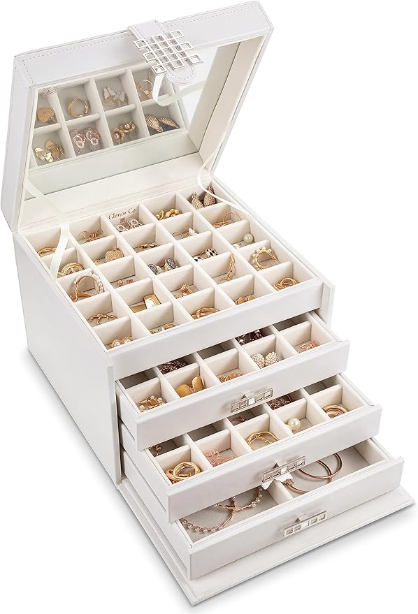 Earring Organizer Holder - 75 Small & 4 Large Slots Classic Jewelry Box with Drawer & Modern Closure, Mirror, 4 Trays Earrings, Ring or Chain Storage - PU Leather Case - White