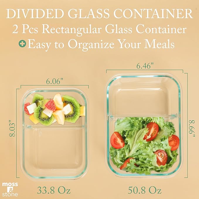 Moss & Stone 4-Pack Divided Kitchen Glass Food Storage Containers Set with Lids – Reusable 2-Compartment Glass Meal Prep Containers for Kitchen, Lunch or Fridge, Airtight Snap-Lock – 2 Sizes Included