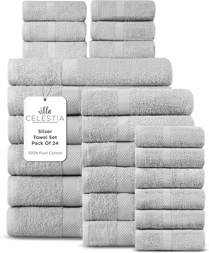 100% Cotton Bath Towel Set of 24-6 Bath Towels, 6 Hand Towels, 12 Wash Cloths, Sustainable, Soft, Highly Absorbent, Combed Cotton 24 Piece Set for Hotels, Spa, Bathroom, Dorm, Silver