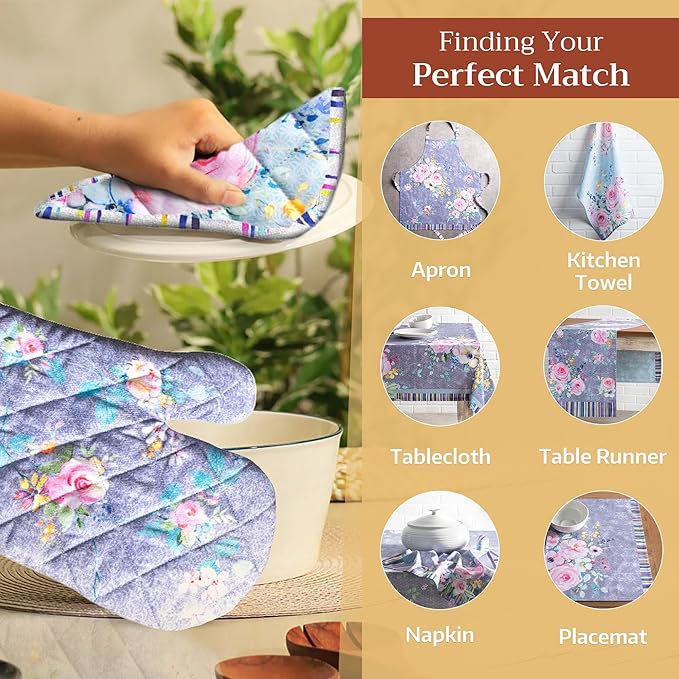 Maison d' Hermine Pot Holders Set 100% Cotton Heat Resistant Potholders 8" x 8" Hot Pads with Loop Cooking, Grilling, Kitchen, Handling Hot Pans Spring/Summer (Pack of 2, Sweet Rose Lavender - Lush)