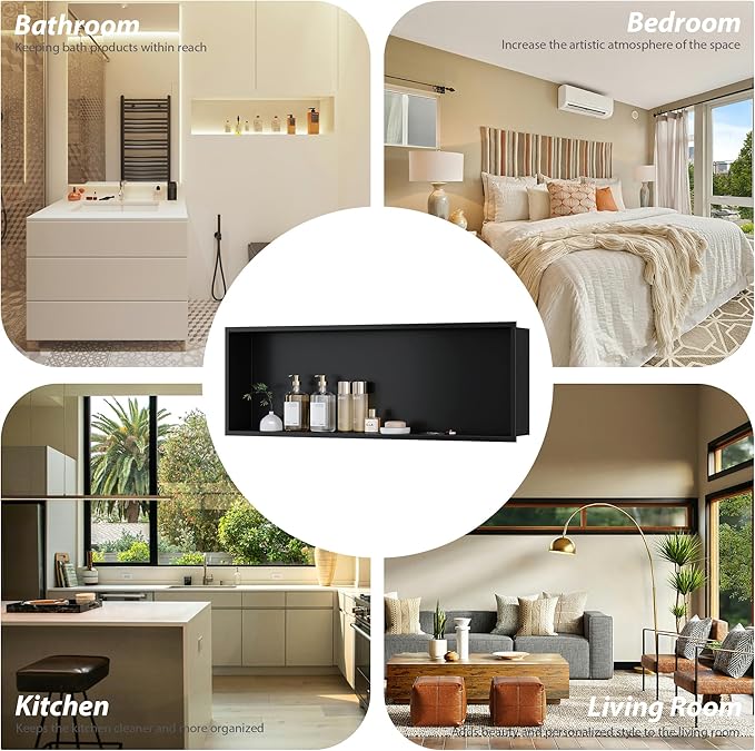 Stainless Steel Shower Niche 36" X 12", No Tile Needed Wall Niche, Recessed Shower Shelf for Bathroom Storage, Matte Black