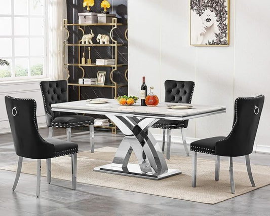 Modern White Marble Dining Table Set for 4,5-Piece Kitchen Table and Chairs for 4,Luxury Silver Dining Room Table Set w/68" Rectangle Dinner Table & 4 Black Velvet Chairs for Kitchen Dining Room