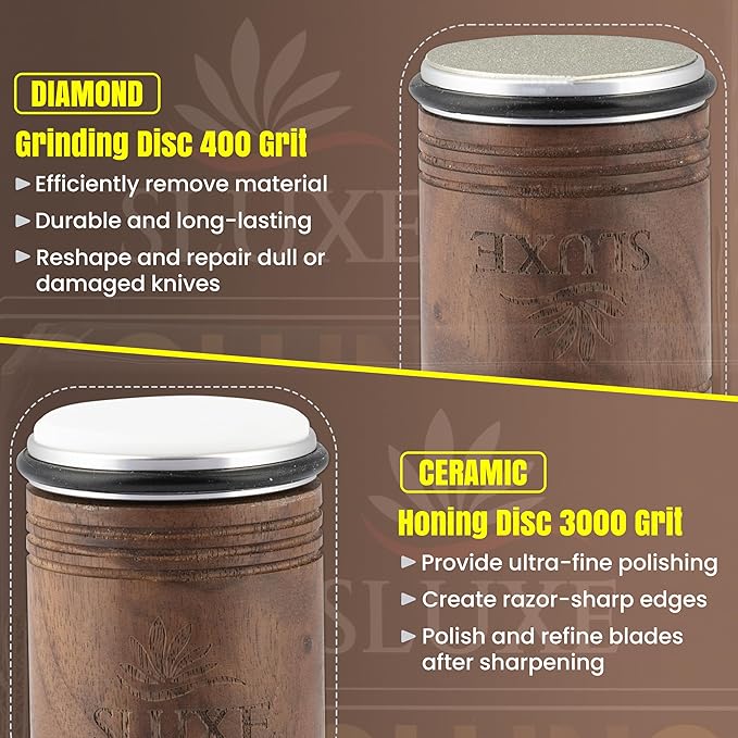 Rolling Knife Sharpener Kit – Premium Walnut Wood – 5 Magnetic Angles (12, 15, 17, 19 & 22 Degrees) – Diamond and Ceramic Discs – Durable Knife Sharpening System for Kitchen & Chef's Knives