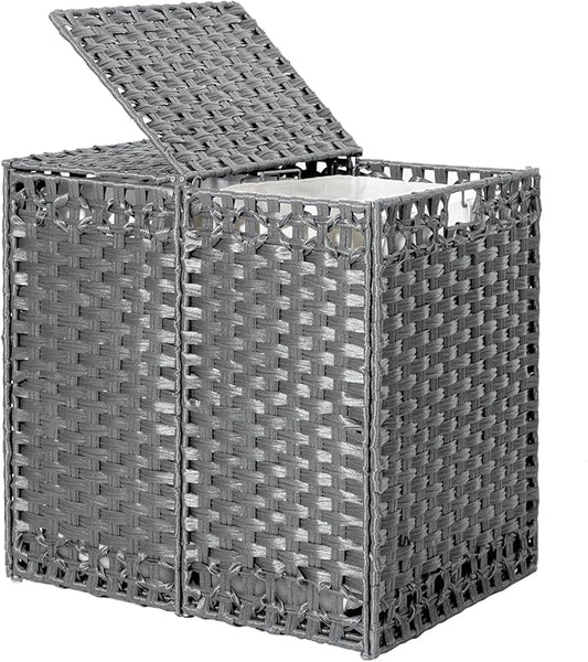 130L Foldable Laundry Hamper with Lid - Handwoven Rattan Storage Basket, 2-Section Clothes Hamper w/2 Removable Liner Bags, Easy Assembly, Portable for Bedroom Bathroom Dorm,Grey