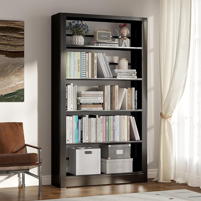 5-Tier Industrial Bookshelf, White Bookcases and Bookshelves,Tall Bookshelf Storage Organizer,Freestanding for Living Room, Bedroom,Home Office,Meta,Black