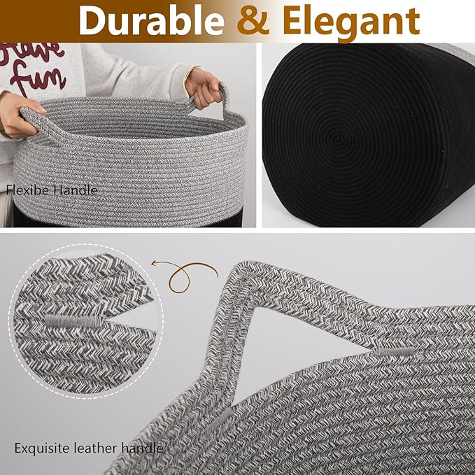 Laundry Basket, 100L Large Laundry Hamper, Tall Woven Rope Storage Basket for Blanket Toys Pillows Towels, Baby Nursery Hamper Bin for Living Room, Bedroom (Black & Grey)