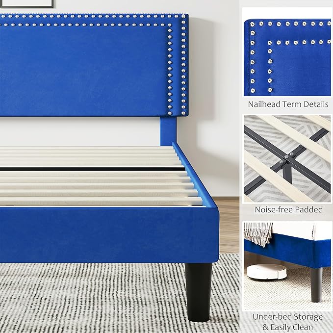 VECELO Queen Size Platform Bed Frame with Height Adjustable Upholstered Headboard, Modern Mattress Foundation,Strong Wood Slat Support, No Box Spring Needed, Easy Assembly