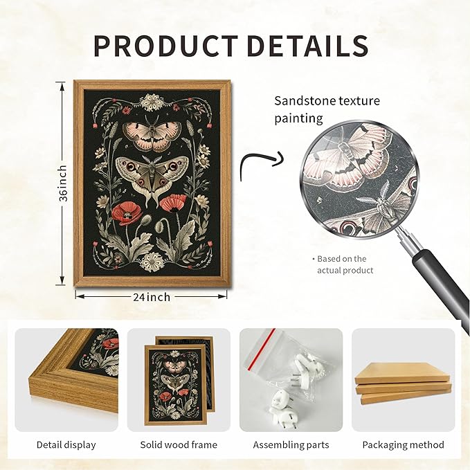 Vintage Framed Wall Art - 3D Textured Classical Style Moth Pictures Wall Decor - Hand Drawn Flowers Nature Art Painting for Living Room Bedroom Home Decor 24x36in