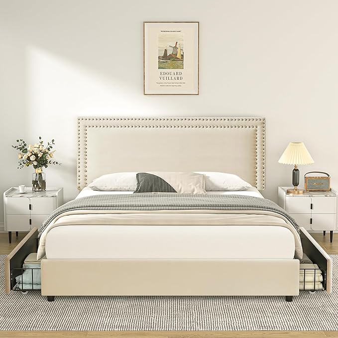 VECELO Full Size Upholstered Platform Bed Frame with 4 Storage Drawers, Adjustable Velvet Rivets Headboard, Wooden Slats Support, No Box Spring Needed, Easy Assembly
