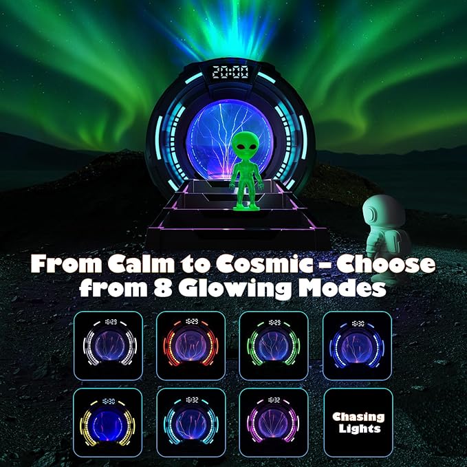 8-in-1 Sci-Fi Gateway Galaxy Projector Nebula Night Light for Kids Adults Teens with Plasma Ball, Alarm Clock, Bluetooth Speaker, White Noise, 8 Color Night Lights & Alien Astronaut for Bedroom Decor