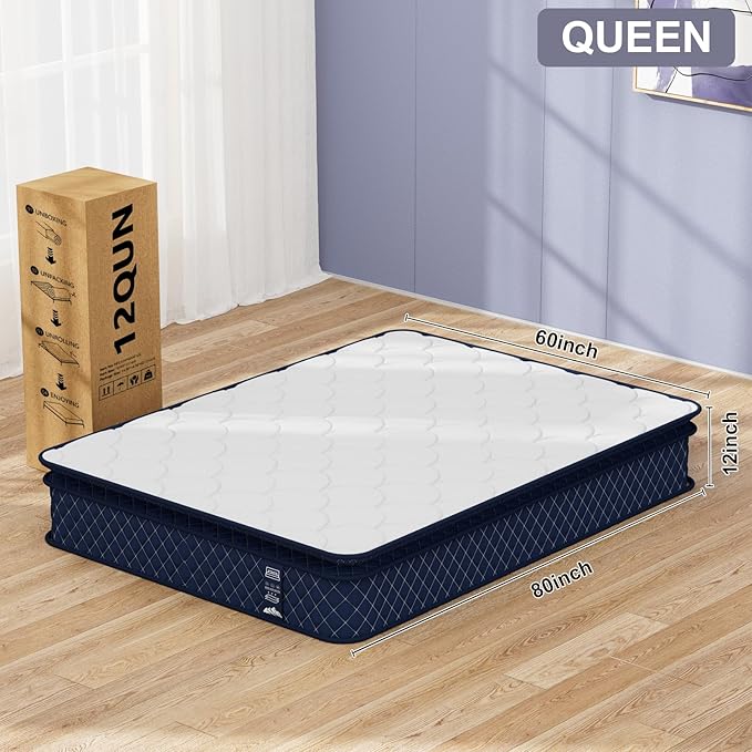 Queen Mattress 12 Inch, Hybrid Mattress in a Box, Soft & Comfortable Medium Firm, Motion Isolation, Pressure Relief, CertiPUR-US Certified (80"*60"*12")