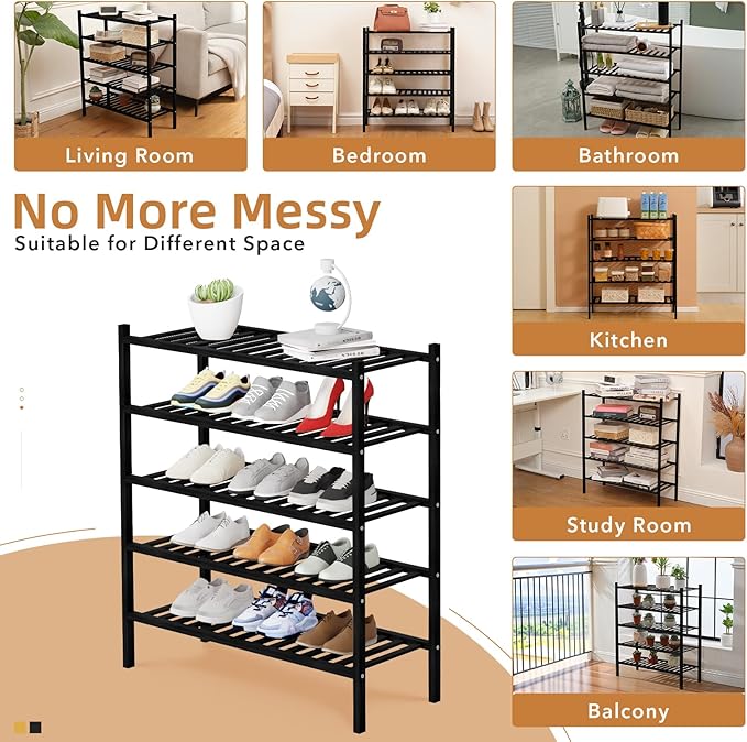 5 Tier Bamboo Shoe Rack Storage Organizer for Closet, Multifunctional Stackable Free Standing Shoe Shelf Organizer for Small Space,Entryway, Hallway, Bathroom27 x11 x32 (Black, 5 Tier)