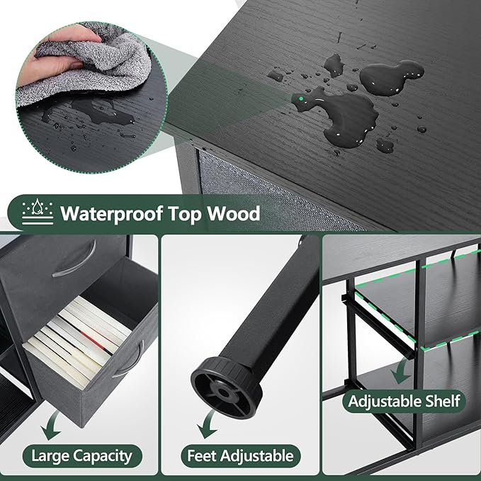 TV Stand for Bedroom, Television Stand for TV up to 46 Inch Entertainment Center Dresser with 4 Drawers Open Storage Shelves for Living Room, Entryway (Grey and Charcoal Black)