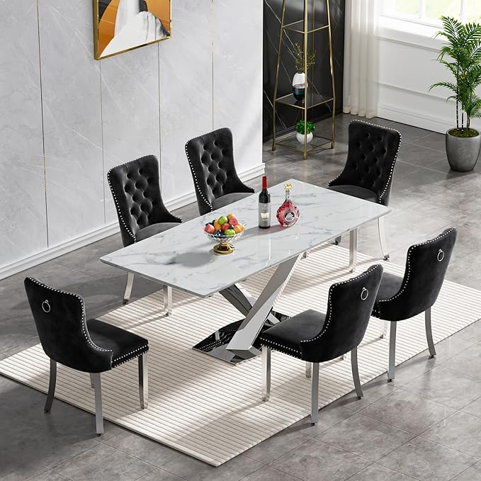 Goujxcy 70" Faux Marble Dining Table Set for 6, 7-Piece Dining Set with White Silver Kitchen Table and 6 Velvet Tufted Chairs, Modern Rectangular Dining Room Table with X-Shape Stainless Steel Base