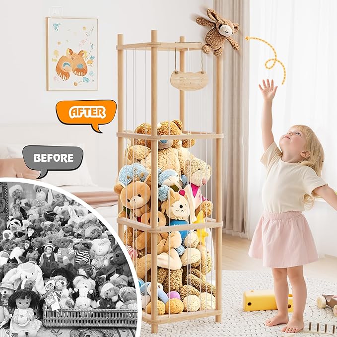 Stuffed Animal Storage , Wooden Stuffed Animal Storage with High Elastic Rope, Large Stuffed Animal Zoo 51" for Nursery Playroom Bedroom (varnish color)