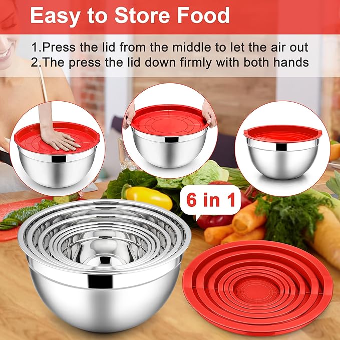 E-far Mixing Bowls with Lids, 12-Piece Stainless Steel Salad Bowls Metal Nesting Bowls for Baking Cooking and Prepping, Airtight Lids & Stackable Design, Size 7, 4.5, 3, 1.5, 1.2, 0.7 QT (Red)