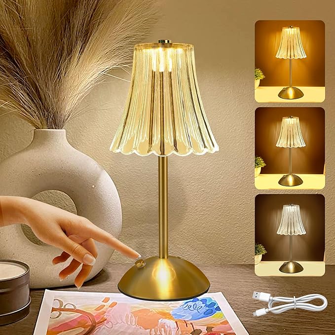 Cordless Table Lamps for Bedroom,Gold Cordless Battery Operated Table Lamp Rechargeable Decorative Bedside Dimmable Nightstand Lamp Small Touch Crystal Table Lamp,3 Color LED Lamp 2600mAh (Vintage)