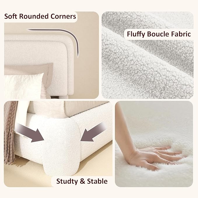 King Boucle Platform Bed Frame with Height Adjustable Headboard, Modern Upholstered Cloud Bed, Sleek Curved Design, No Box Spring Needed, Easy Assembly, Noise Free, White