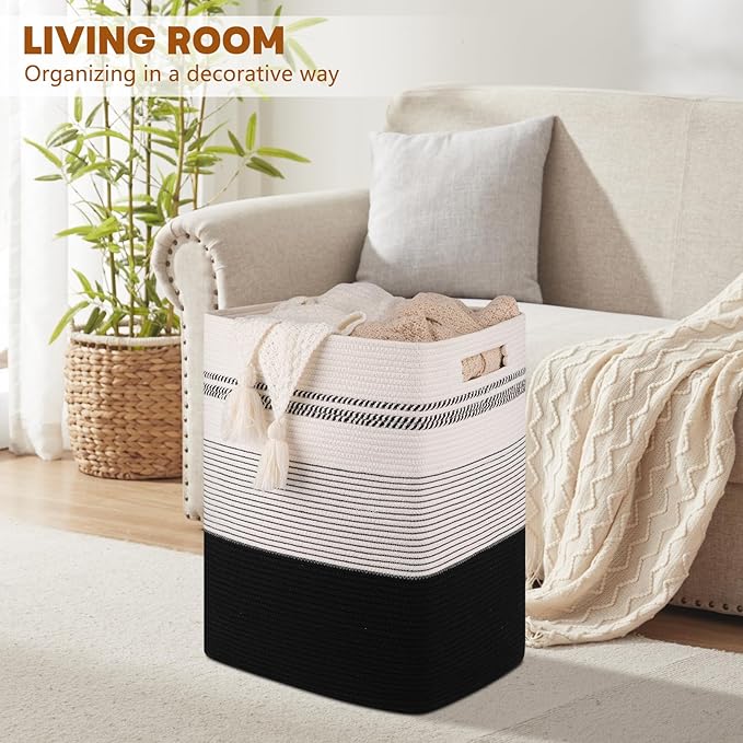Laundry Hamper, Large Woven Rope Tall Laundry Basket with Handles, 22" X 17" X 13", Decorative Storage Basket for Clothes and Blankets in Living room, Bedroom, Black& White