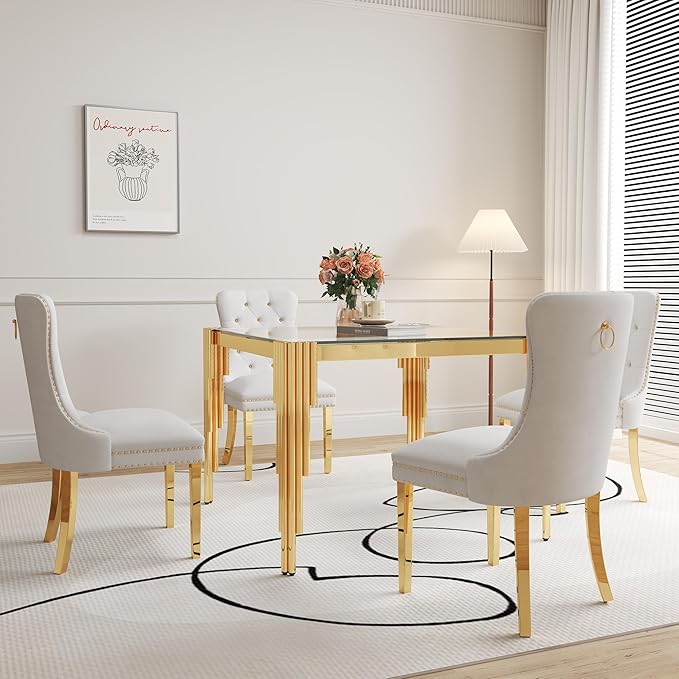 5 Piece Glass Dining Table Set, 35" Square Glass Kitchen Table with 4 White Velvet Upholstered Chairs, Gold Dining Table for 4 with Chairs Set for Kitchen, Living Room