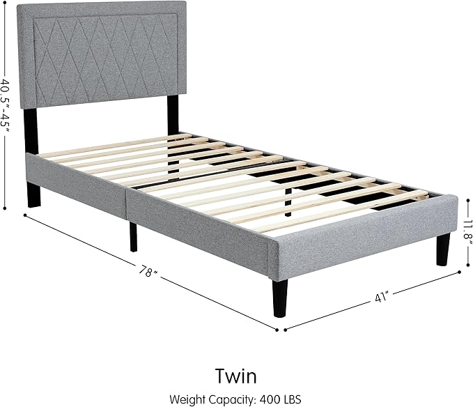 Hokway Bed Frame Upholstered Platform Bed with Headboard Wooden Slat Support No Box Spring Needed(Twin, Light Gray)