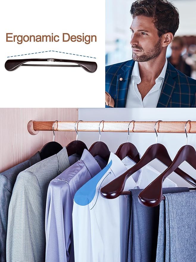 HOUSE DAY Wood Suit Hangers for Men, Wide Shoulder Wooden Hangers with Non Slip Pants Bar, Smooth Retro Finish 360° Swivel Hook Solid Wood Coat Hangers for Heavy Clothes Hanger 6 Pack (Cherry Wood)